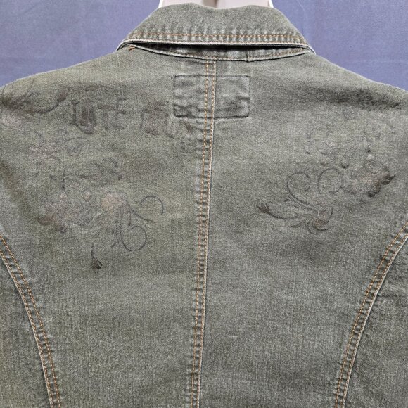 Y2K Fitted Denim Utility Jacket Size XXL Green Full Zip Flap Pockets Grunge - Picture 11 of 16